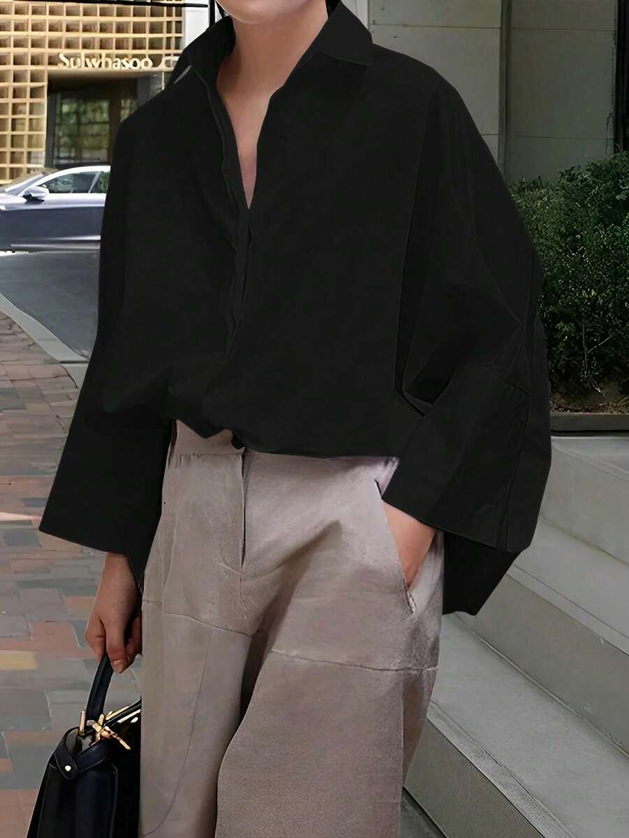 女士法式纯色长袖商务面试通勤休闲宽松简约气质优雅春夏秋季衬衫 - 黑色 - 查看 1