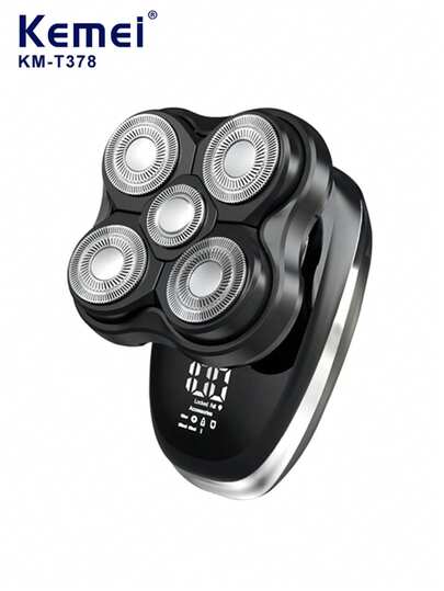 Kemei KM-T378 Electric Bald Head Shaver, Professional Waterproof Cordless Hair Clipper, 10000 RPM, USB Rechargeable Electric Shaver With 5 Heads (1 Piece)