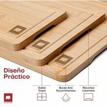 Juego 3 Tablas para Picar de Madera de Bambú. Tablas de Cocina para Cortar Premium, Gruesas, Duraderas y Resistentes, con Ranura Anti Escurrimiento y Diseño Ergonómico. 100% Biodegradables - Conjunto de 3 (Ch/M/G) - Ver 4