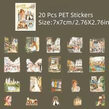 20 piezas Pegatinas de PET de la serie de estilo de vida festivo, pegatinas decorativas de PET, material básico creativo, pegatinas decorativas impermeables, ideales para manualidades de scrapbooking, suministros de diario, tabletas, teléfonos, fotos y artesanía, tarjetas (viaje, paseo por la ciudad, estancia en casa, campamento en el bosque, el mar, campos del campo)