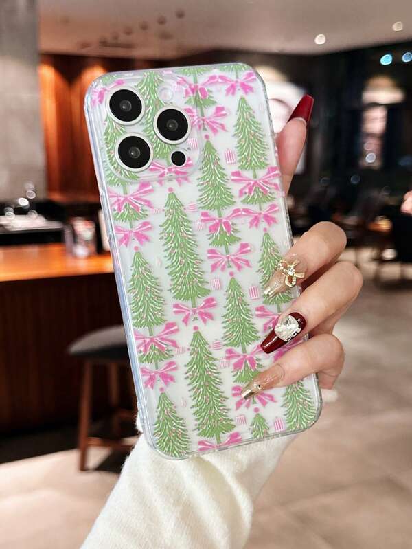 Capa de Telefone Macia de TPU Transparente com Padrão de Laço de Natal e Árvore de Natal Compatível com iPhone 16/15 Pro Max/14 Plus/13 Pro Max/12/11/7G/7P/IX/XR/XS MAX