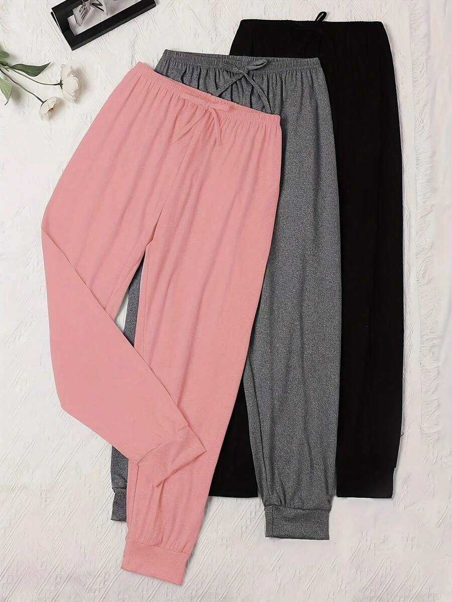 3pcs Comfortable Solid & Printed Women Pajama Pants, Polyester Knit Fabric, Casual Style Ladies Trousers, Suitable For Spring, Summer, Autumn, Winter Clothes - Multicolor - View 1