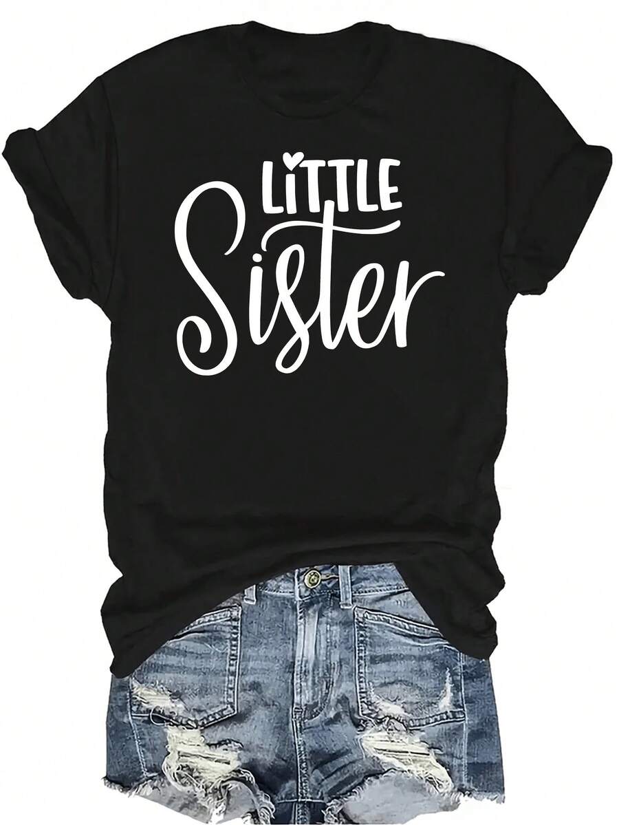 Camiseta "Little Sister" para mujer y unisex, de verano, casual, transpirable, de personalidad, cuello redondo, manga corta, ropa de calle, versátil, adecuada para adolescentes y adultos - Negro - Ver 1