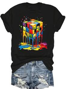 Camiseta de mujer unisex de manga corta, cuello redondo, de verano, casual, transpirable y con personalidad, con estampado de cubo derretido de colores llamativos, adecuada para adolescentes y adultos - Negro - Ver 1