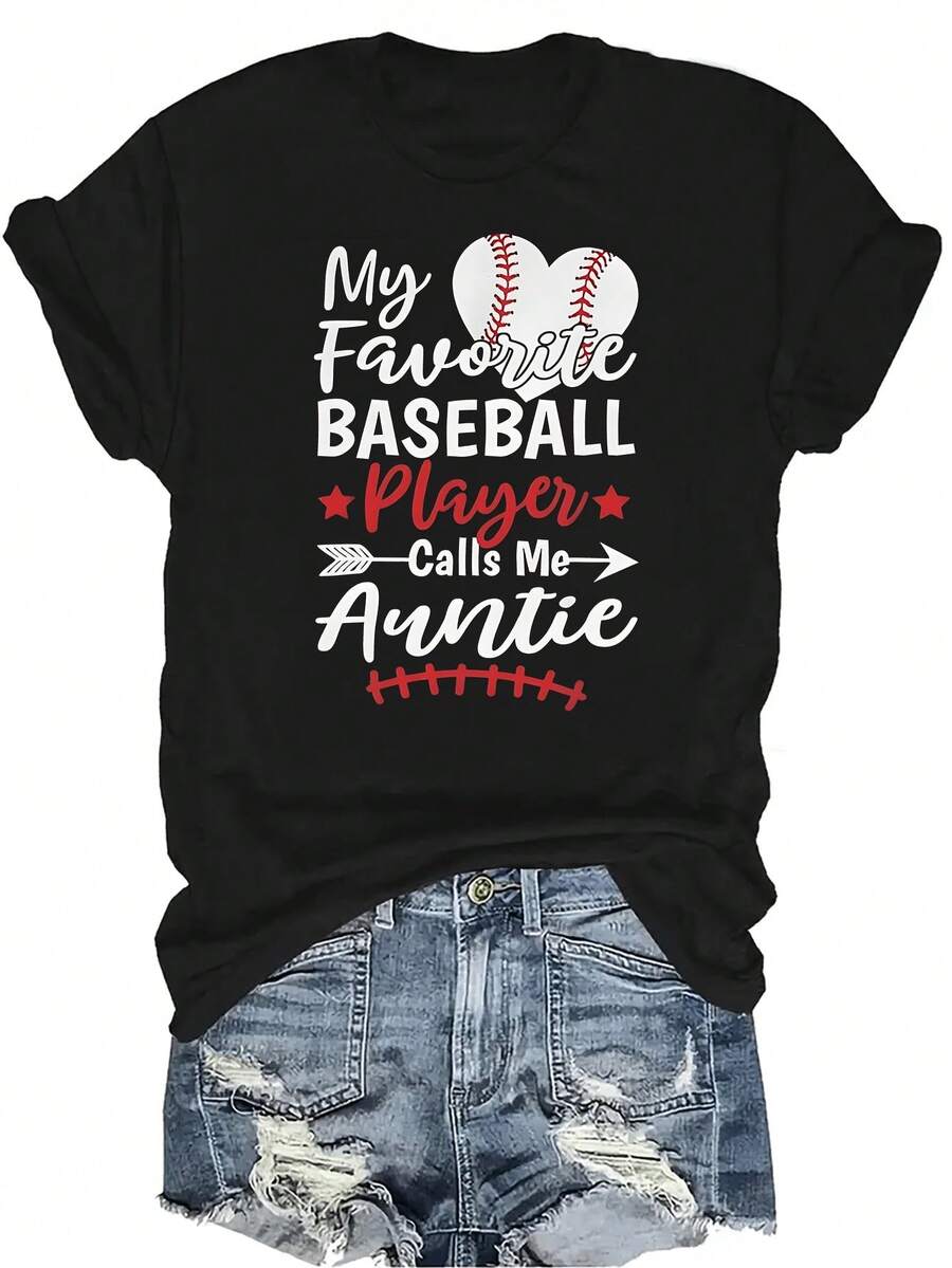 Mi jugador de béisbol favorito me llama Tía Camiseta para mujeres y unisex, de verano, casual, transpirable, con personalidad, cuello redondo, manga corta, ropa de calle, versátil, adecuada para adolescentes y adultos - Negro - Ver 1