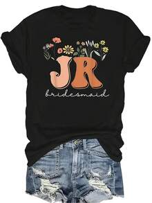 Camiseta de dama de honor junior para despedida de soltera con flores silvestres, camiseta unisex de verano casual y transpirable con cuello redondo y manga corta, adecuada para adolescentes y adultos - Negro - Ver 1