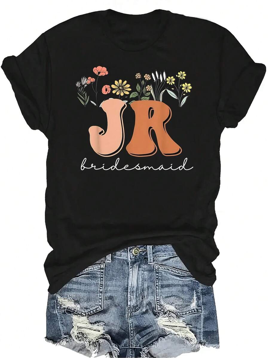 Camiseta de dama de honor junior para despedida de soltera con flores silvestres, camiseta unisex de verano casual y transpirable con cuello redondo y manga corta, adecuada para adolescentes y adultos - Negro - Ver 1