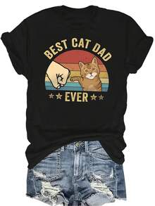 Camiseta con estampado de gato naranja para mujer y unisex, de verano, casual, transpirable y de personalidad, con cuello redondo y manga corta, de uso versátil, adecuada para adolescentes y adultos - Negro - Ver 1