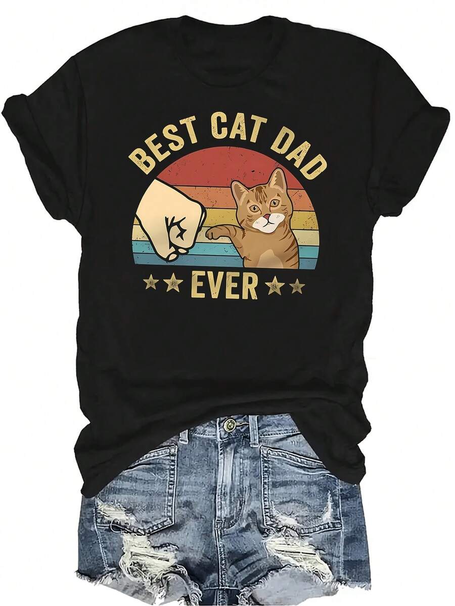 Camiseta con estampado de gato naranja para mujer y unisex, de verano, casual, transpirable y de personalidad, con cuello redondo y manga corta, de uso versátil, adecuada para adolescentes y adultos - Negro - Ver 1