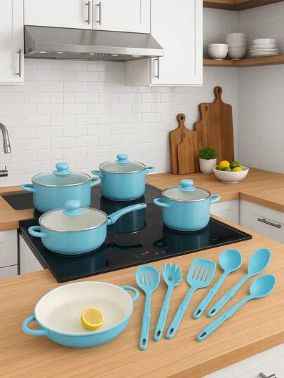 Set de cocina antiadherente 13 piezas sartenes y utensilios modernos para cocinar set completo antifugas antiadherente fácil de limpiar resistente horno sartén ollas cucharas accesorio cocina hogar
