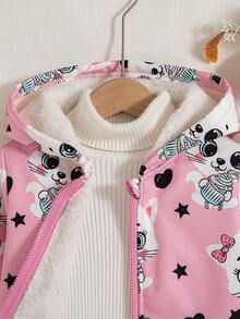 女童休闲户外时尚印花卡通图案常规版型拉链连帽抓绒外套，秋冬季带保暖内衬