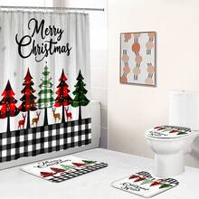 1 pieza/4 piezas Juego de cortina de ducha multifuncional con árbol de Navidad feliz y renos, incluye 12 ganchos gratis, crea un ambiente festivo, alfombra de baño, alfombra en forma de U y alfombra redonda para el inodoro, adecuado para todas las escenas navideñas del baño