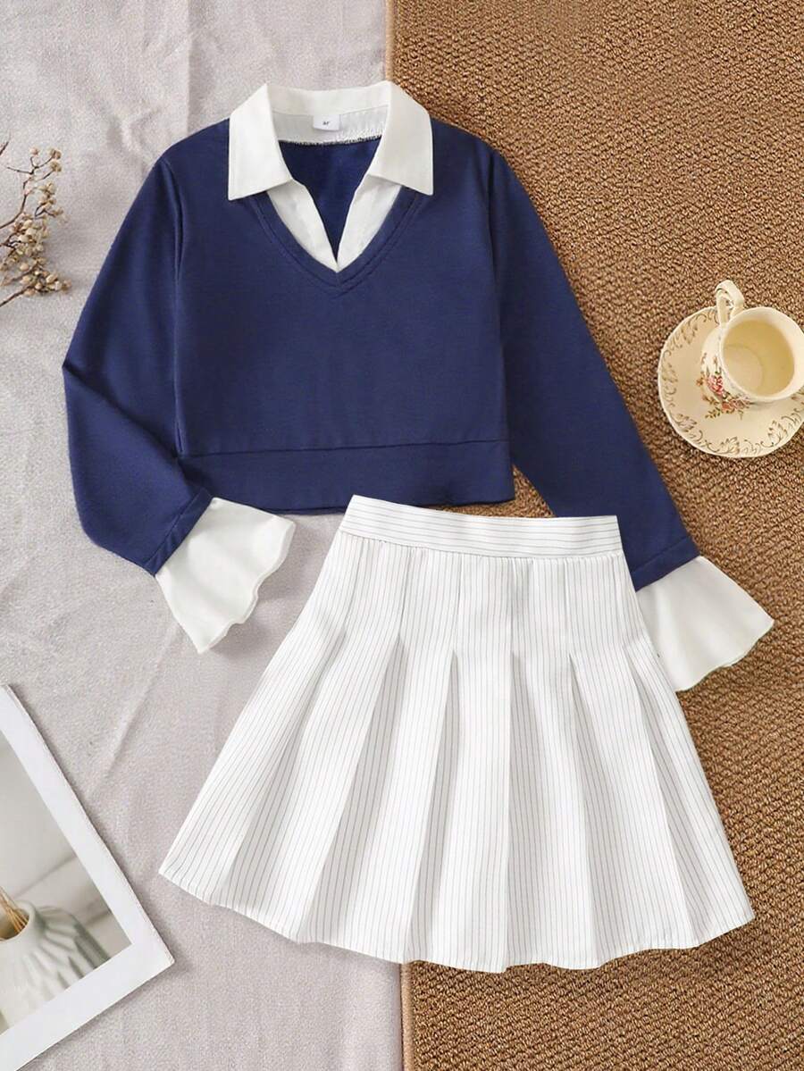 Cute Girls' Navy And White 2 - Piece Outfit, V - Neck Top With Ruffled Cuffs, White Pleated Skirt, Perfect For School Events And Outings