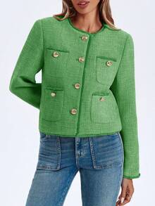 Chaqueta blazer de tweed corta para mujer, sin cuello, con botones, informal, de negocios, de corte entallado. - Verde - Ver 3