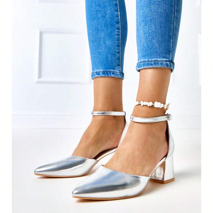 Srebrne szpilki z paskiem na kostce i klockowym obcasem Keris - Srebro - Zobacz 1