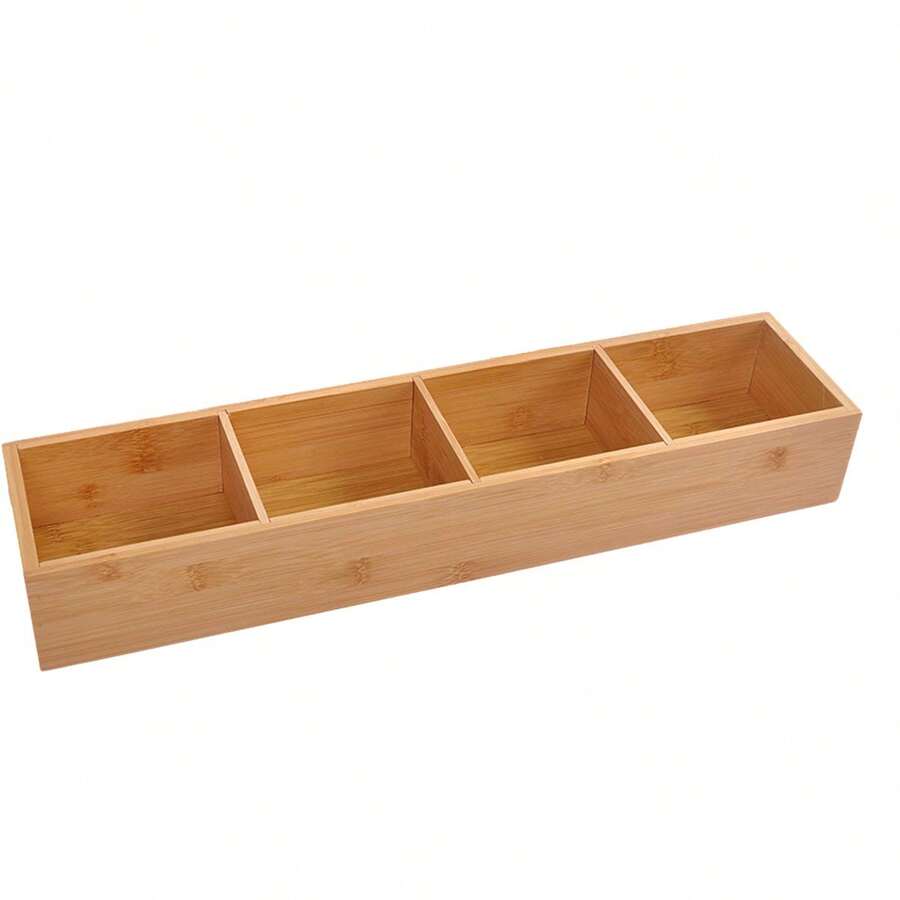4 - Compartment Storage Box With Removable Dividers, Bamboo Material, Great For Desk Stationery Organization In Office - 原木色 - 查看 1