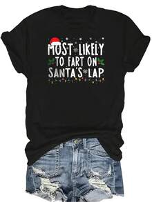 Camiseta "talla grande probable que le tire un a las piernas de Santa" para mujeres y unisex, de verano, casual, transpirable, con personalidad, cuello redondo, manga corta, ropa de calle, versátil, adecuada para adolescentes y adultos - Negro - Ver 1