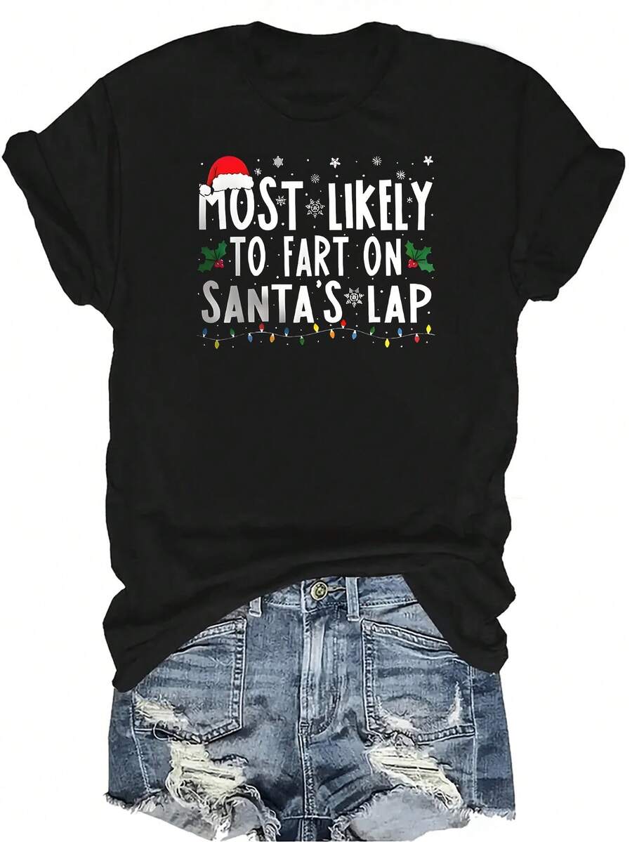 Camiseta "talla grande probable que le tire un a las piernas de Santa" para mujeres y unisex, de verano, casual, transpirable, con personalidad, cuello redondo, manga corta, ropa de calle, versátil, adecuada para adolescentes y adultos - Negro - Ver 1