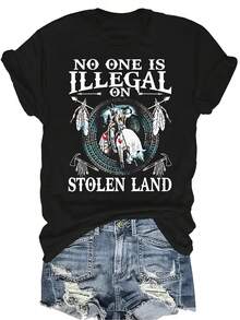 Camiseta "Nadie es ilegal en la tierra" para mujer y unisex, de verano, casual, transpirable, con personalidad, cuello redondo, manga corta, ropa de calle, versátil, adecuada para adolescentes y adultos - Negro - Ver 1