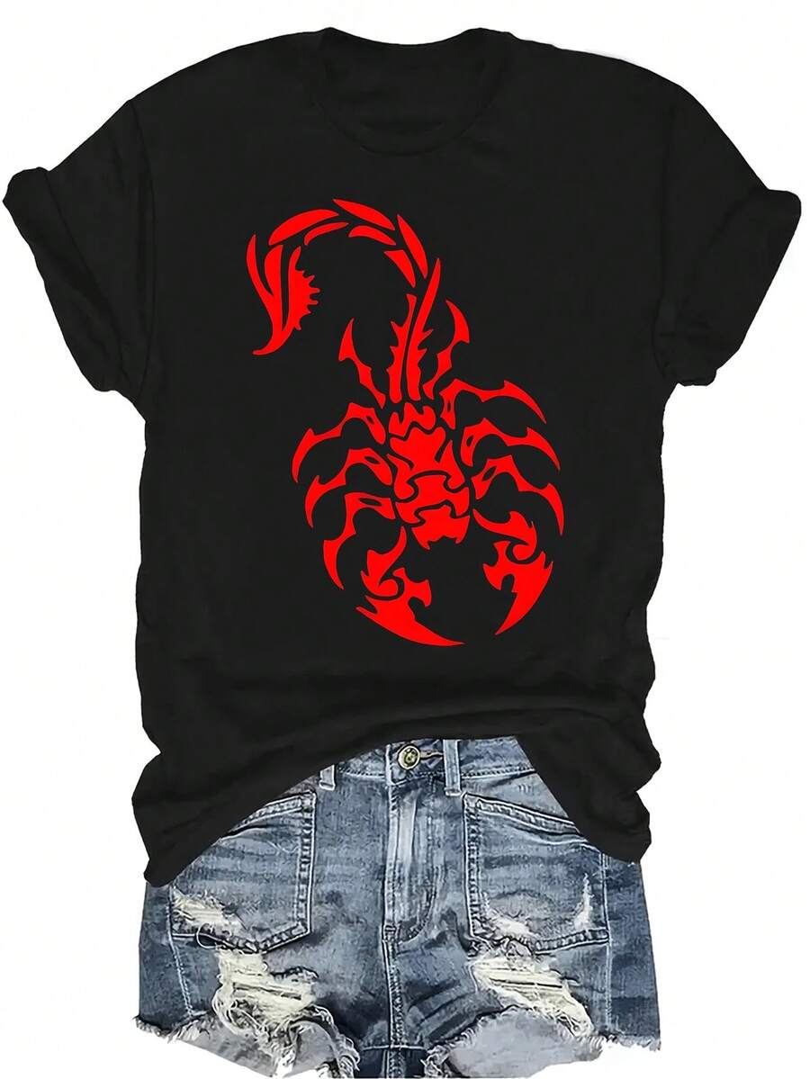 Camiseta con estampado de escorpión , unisex, de verano, casual, transpirable, con cuello redondo, de manga corta, ropa de calle, versátil, adecuada para adolescentes y adultos - Negro - Ver 1