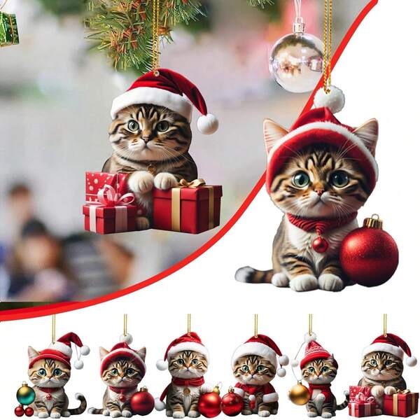 6pcs 2D Flat Cute Cat Decoration, Christmas Acrylic Hanging Decoration, Christmas Tree Window Sill Christmas Decoration Hanging Decoration, Holiday Home Atmosphere Decoration, Cute Cat Hanging Decoration