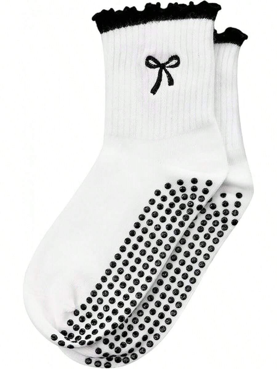 Non Slip Pilates Socks For Women - Cute Ruffle Yoga Socks With Grip, Embroidery Pattern - 黑色 - 查看 1
