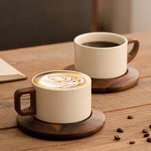 1 Set 250ml/8.45oz Cream-Color Thick Ceramic Coffee Mug With Saucer, Classic Straight Design, Heat-Resistant Handmade Coffee Cup, Highly Attractively Large Capacity Cup, Suitable For Coffee Art Tea Cup, For Home, Cafe And Gift - Multicolor - View 4