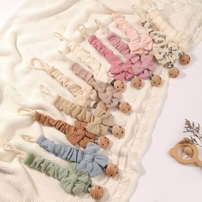 2pcs Baby Solid & Printed Pacifier Clips, Bowknot Pacifier Holder, Wooden 3-Hole Pacifier Clips, Suitable For Daily Use In Blue, Pink, Khaki