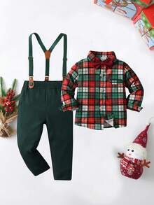 2 件套年轻男孩绅士装，格子长袖衬衫，带蝴蝶结和吊带裤，时尚，适合生日派对、宴会、圣诞节 - 綠色 - 查看 2