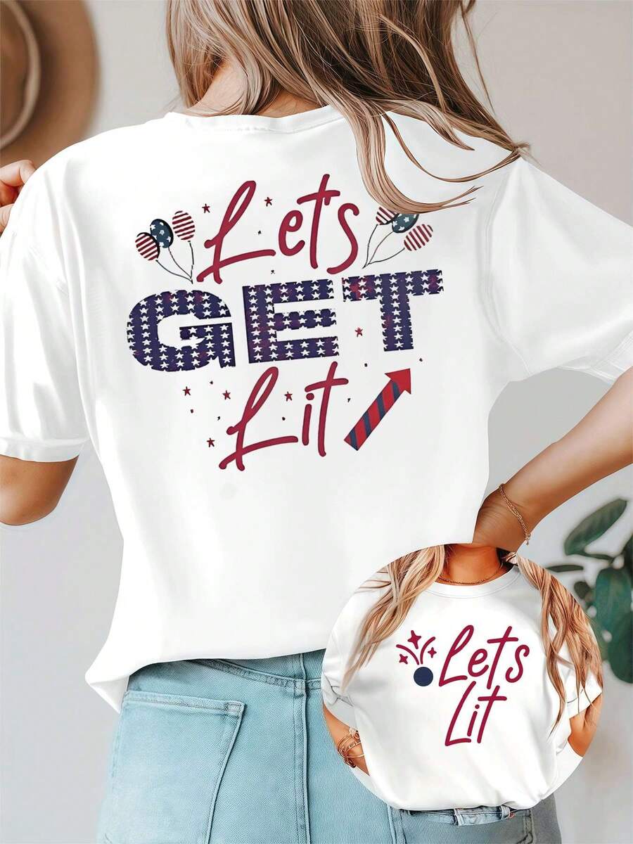 Womens Stars Stripes TShirt , Women's Double Sided Printed Fashion Casual Round Neck 220gsm Cotton T-Shirt (1 PC) - White - View 1