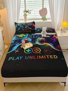 3 件套卡通游戏控制器图案床上用品套装、柔软透气床垫保护套、节日和日常礼物床罩、卡通游戏控制器图案床单、卡通床上用品套装、家居节日和日常装饰、适合单人床、双人床、大号床、特大号床、卧室、客房（1* 床笠 + 2* 枕套，不含床垫）、床上用品礼物、可机洗 - 彩色 - 查看 16
