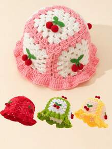 1pc Girls Winter Knitted Hollow Cherry Warm Hat, Fashion Kids Knitted Cap, Hand-Knitted Cherry Hat Suitable For 3-8Y