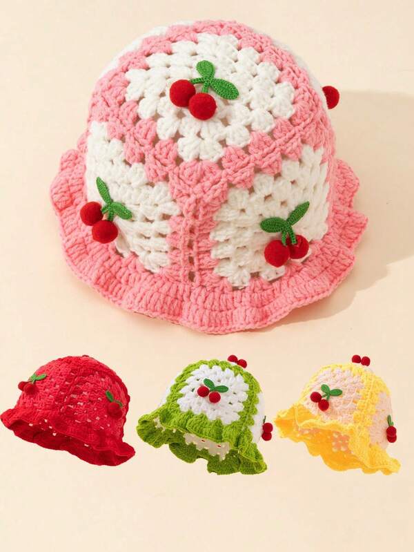 1pc Girls Winter Knitted Hollow Cherry Warm Hat, Fashion Kids Knitted Cap, Hand-Knitted Cherry Hat Suitable For 3-8Y