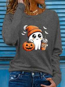 Cute Ghost With A Hat Cartoon Graphic Tees,Fall Clothes For Women Comfortable Casual Thanksgiving Pumpkin Prints Long-Sleeved T-Shirts,Halloween Theme For Party Gatherings Clothes Going Out Tops Women For Home Or Outdoor
