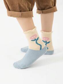 5 Pairs Girls' Mid-Calf Socks, Purple, Blue, White, Color Block, Cartoon Rabbit, Letter, Striped Patterns, Soft & Warm, Thick, Simple Design, Cute, Fashionable, Versatile, Suitable For Autumn/Winter Daily Wear - Multicolor - View 5