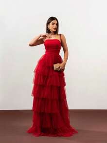 Tiered Prom Dress For Graduation And Bridesmaids. Elegant Conservative/Modest Sexy Casual Shiny Zipper Appliques Wedding Party Birthday Party Anniversary Party Graduation Party - 紅色 - 查看 2