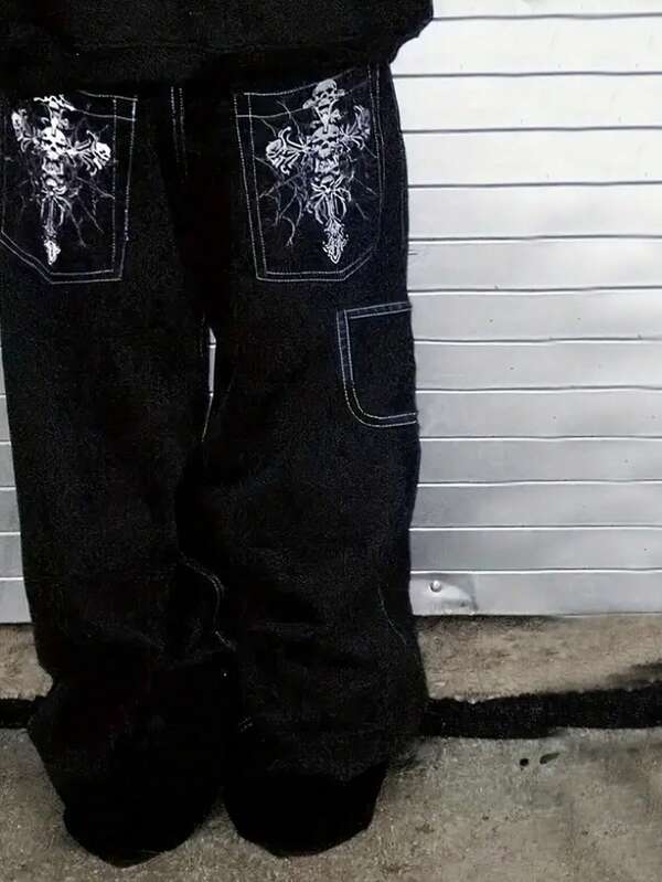 Jeans noirs amples et décontractés style Y2K avec broderie de crâne, style streetwear, grunge