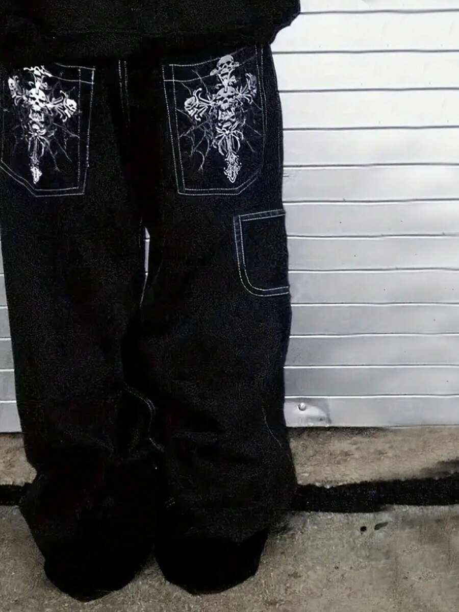 男式 Y2K 休闲宽松骷髅刺绣黑色牛仔裤，街头风格，垃圾摇滚 - 黑色 - 查看 1