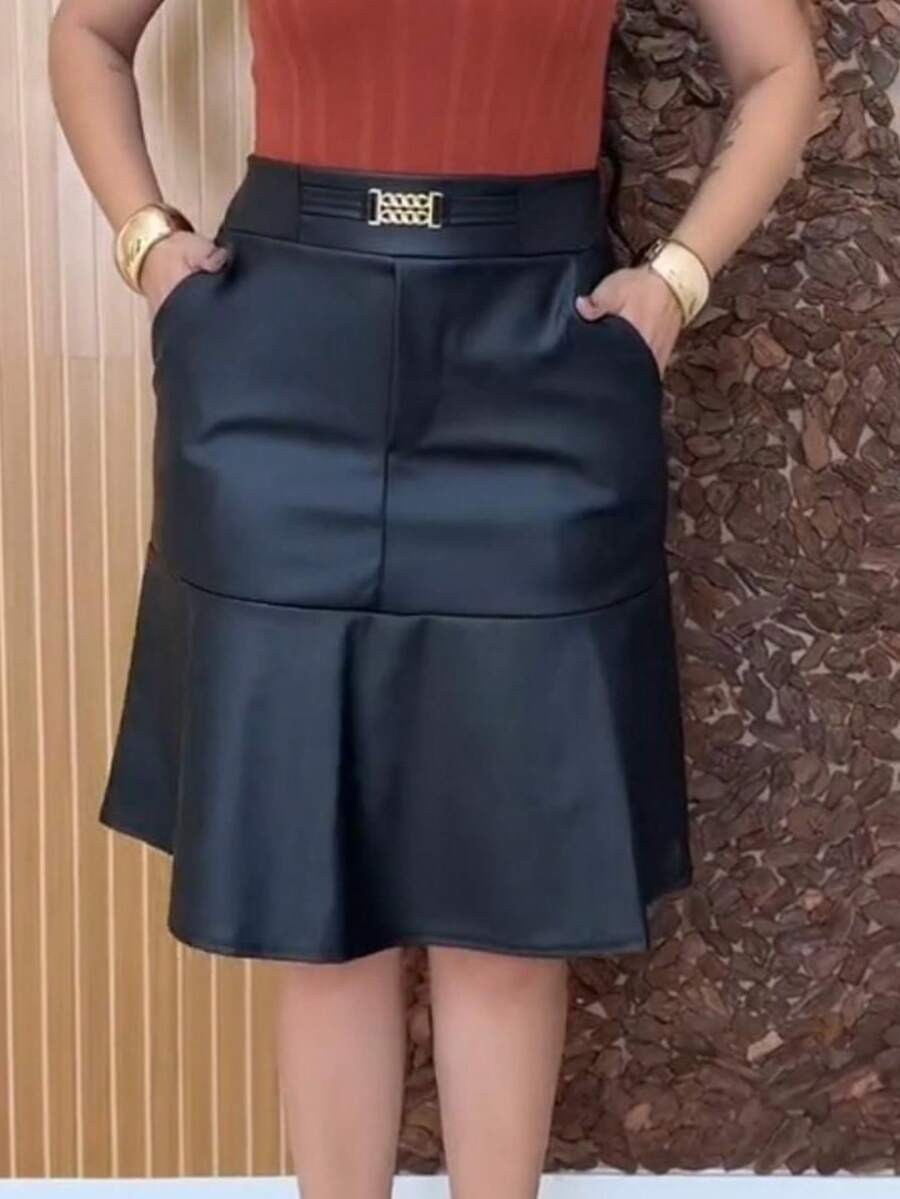 Women's Midi Skirt, Leatherette, Elegant Evangelical Fashion Style - Negro - Ver 1