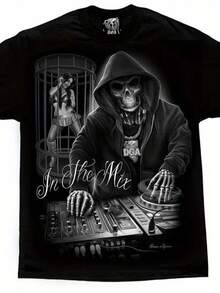Men  Size  David Gonzales Art DGA In The Mix Music DJ Skeleton Dance Adult Men T-Shirt Short Sleeve Cotton T-Shirt Crew Neck Soft Breathable Regular Fit   Men Size L-3XL - 黑色 - 查看 1