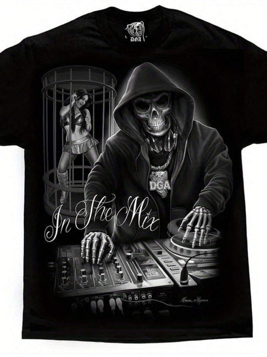 Men  Size  David Gonzales Art DGA In The Mix Music DJ Skeleton Dance Adult Men T-Shirt Short Sleeve Cotton T-Shirt Crew Neck Soft Breathable Regular Fit   Men Size L-3XL - 黑色 - 查看 1