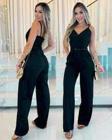 Women's Long Jumpsuit Tailored Pantaloons With Belt - 黑色 - 查看 2