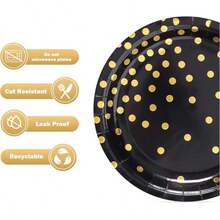 100/50/30/20/10pcs 7inch/9inch Disposable Paper Plates, Leak-Proof & Thick, 3-Second Cleanup, Party & Camping Use, Reusable, Ideal For Birthday, Graduation, Christmas, Thanksgiving, Halloween Events - Gold Dot Black - View 3