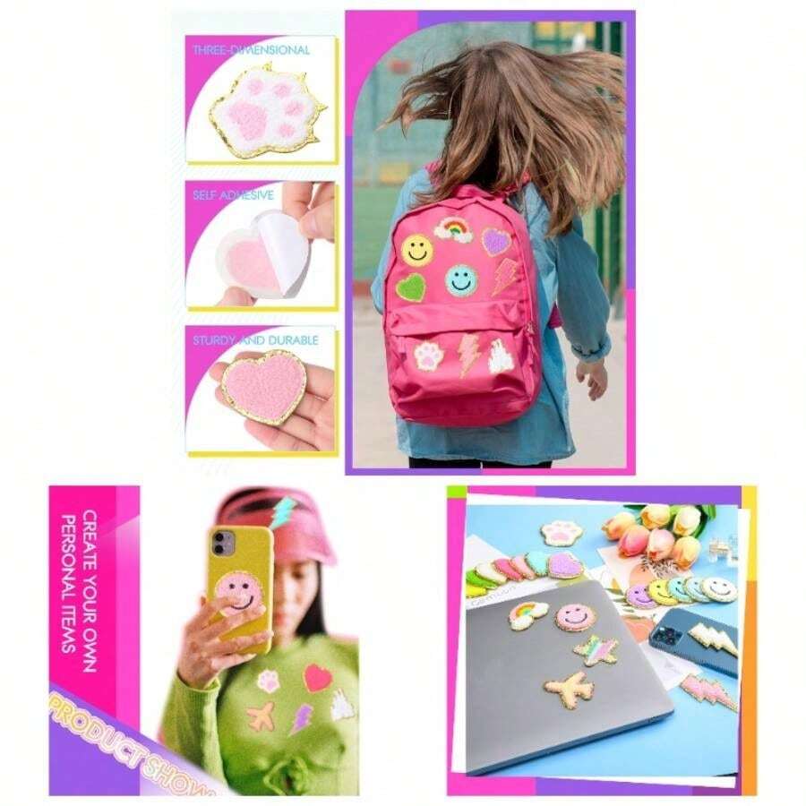 40 Pcs Self Adhesive Chenille Patches Colorful Cute Chenille Embroidered Patches Glitter Chenille Patches Sticker Applique Clothing Fabric Backpack Repair DecorCute