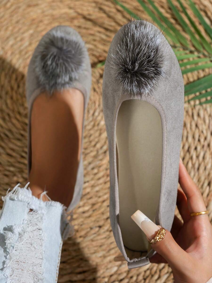 1 Paio di Scarpe Piatte Retrò Alla Francese in Pelliccia Sintetica per Donna, con Punta Tonda, Slip-On, Comode e Versatili, Adatte per Primavera e Autunno - Grigio - Visualizzare 1