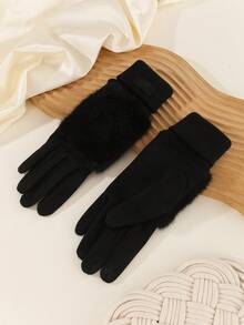 1 Pair Women's Autumn/Winter Fashion Thickened Warm Touchscreen Gloves, Faux Suede Fuzzy Gloves, Cute