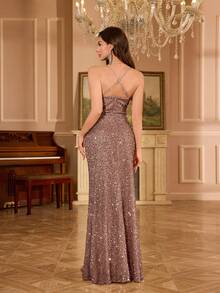 Đầm hai dây đính sequin xẻ tà UNITHORSE, đầm dạ hội trang trọng thanh lịch dành cho ngày Valentine, thích hợp cho đám cưới, dạ tiệc, lễ tốt nghiệp, tiệc tùng, đồng phục học sinh. - Cà phê nâu - Xem 3