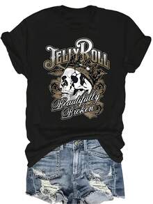 Camiseta de mujer tipo Jelly Roll, unisex, de verano, casual, transpirable, con personalidad, cuello redondo, manga corta, ropa de calle, versátil, adecuada para adolescentes y adultos - Negro - Ver 1