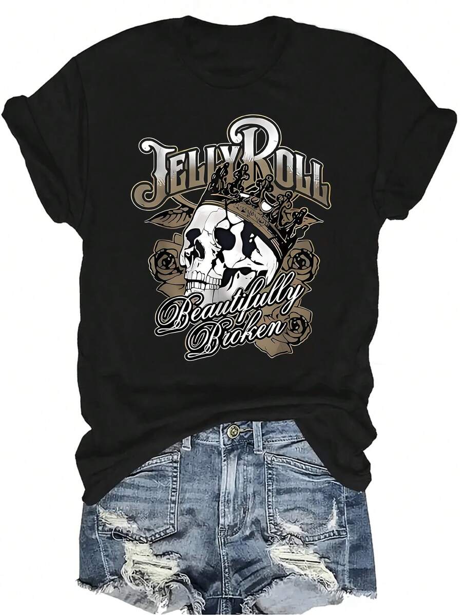 Camiseta de mujer tipo Jelly Roll, unisex, de verano, casual, transpirable, con personalidad, cuello redondo, manga corta, ropa de calle, versátil, adecuada para adolescentes y adultos - Negro - Ver 1