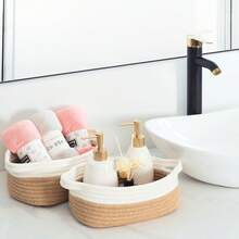 5 Piezas Canastas Organizadoras con Asa,Cesta Organizadora de Algodón,Caja Cestas de Almacenamiento,para Baño de Tela para Organizar Estantes,Baño,Juguetes,Clóset,Ropa,Maquillaje (Marrón + Blanco) - Marrón + Blanco - Ver 4
